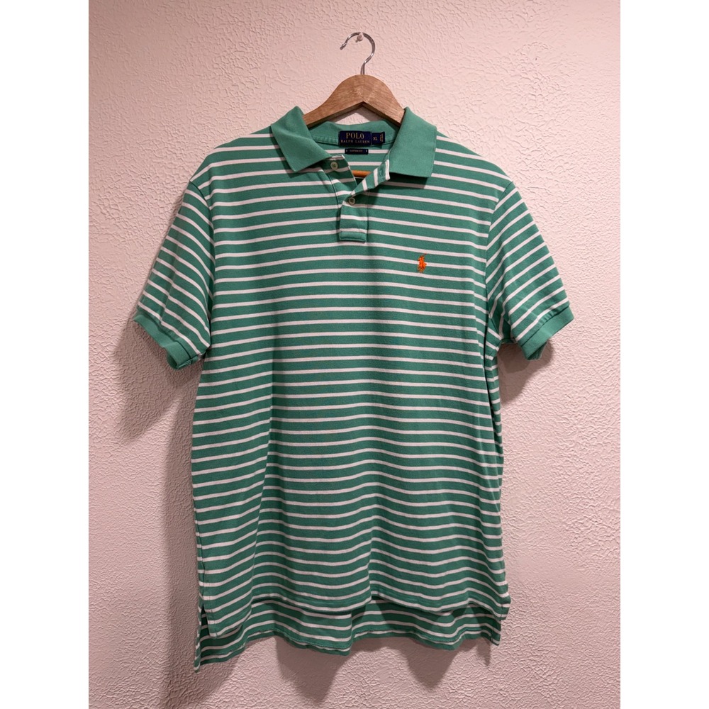 Polo Ralph Lauren Mens XL Custom Fit Striped Polo Shirt Green White Orange Pony